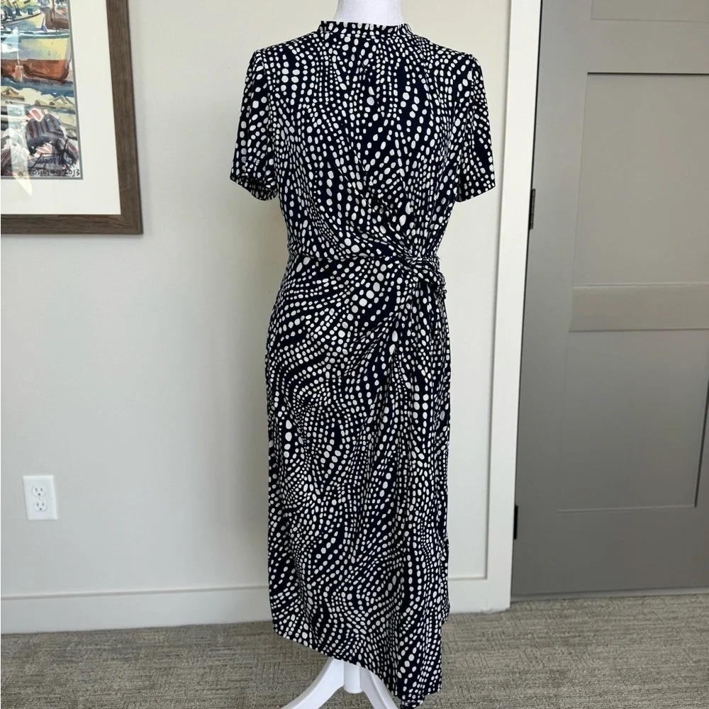 Maggy London Navy white Polka Dot Wrap Dress 8 Fit & Flare Twirl - Picture 2 of 11